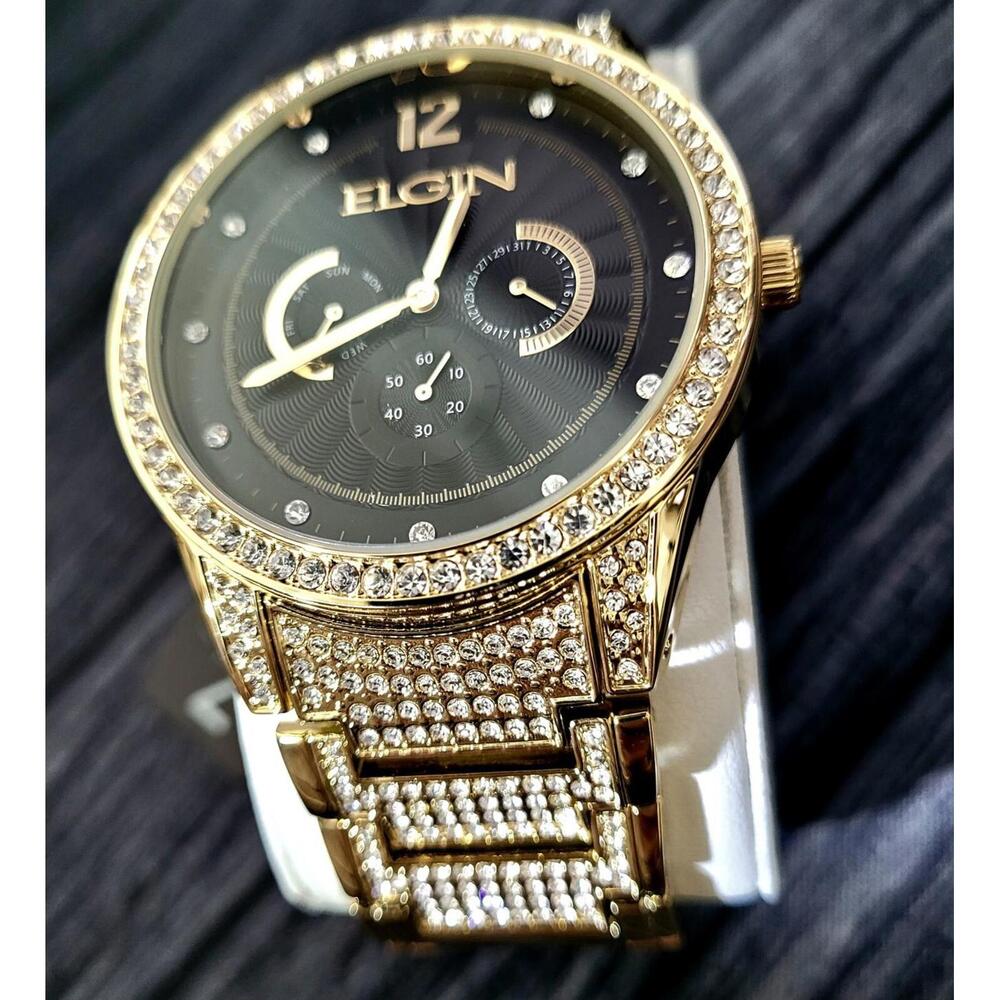 Elgin Men's Gold Gem Paved Black Dial Watch VD75 NEW in Box
